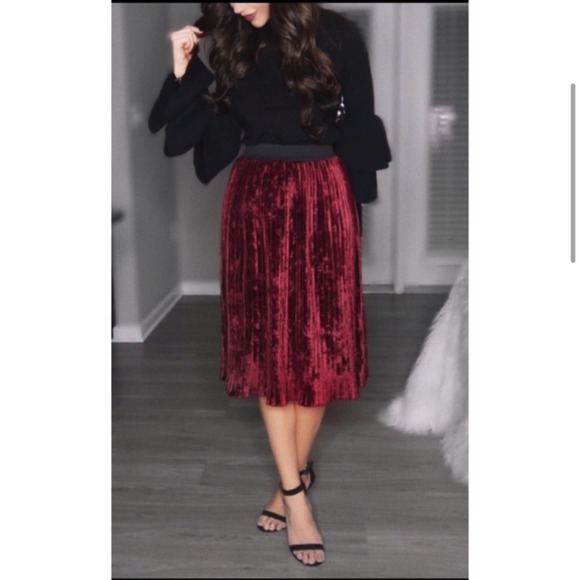 Zara Dark Red Velvet Pleated Skirt - Picture 2 of 6